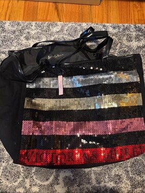 Victoria's Secret Black Sequin Stripe Tote with Pink and Red Accents